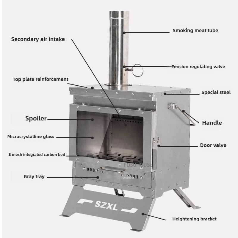 Estufa de Camping con ventana de vidrio grande, chimenea sin humo de acero inoxidable, estufa de leña para exteriores, calefacción de invierno, calentador de leña