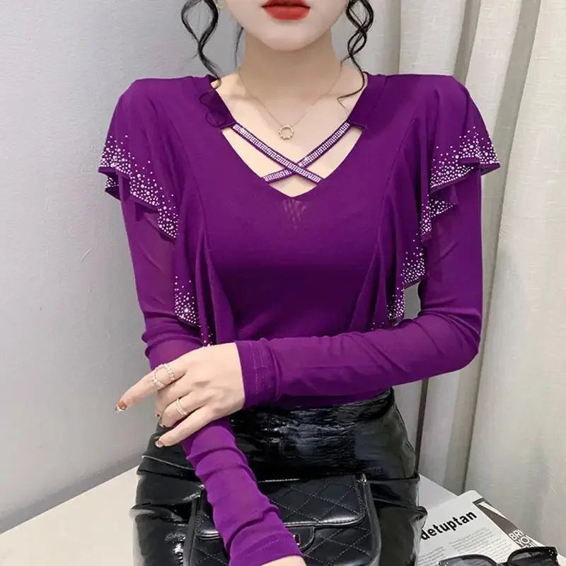 

Women's Clothing 2025 Solid Color Long Sleeve Ladies Pullovers Autumn Winter Thin Slim Interior Lapping Diamonds Tops T-Shirts