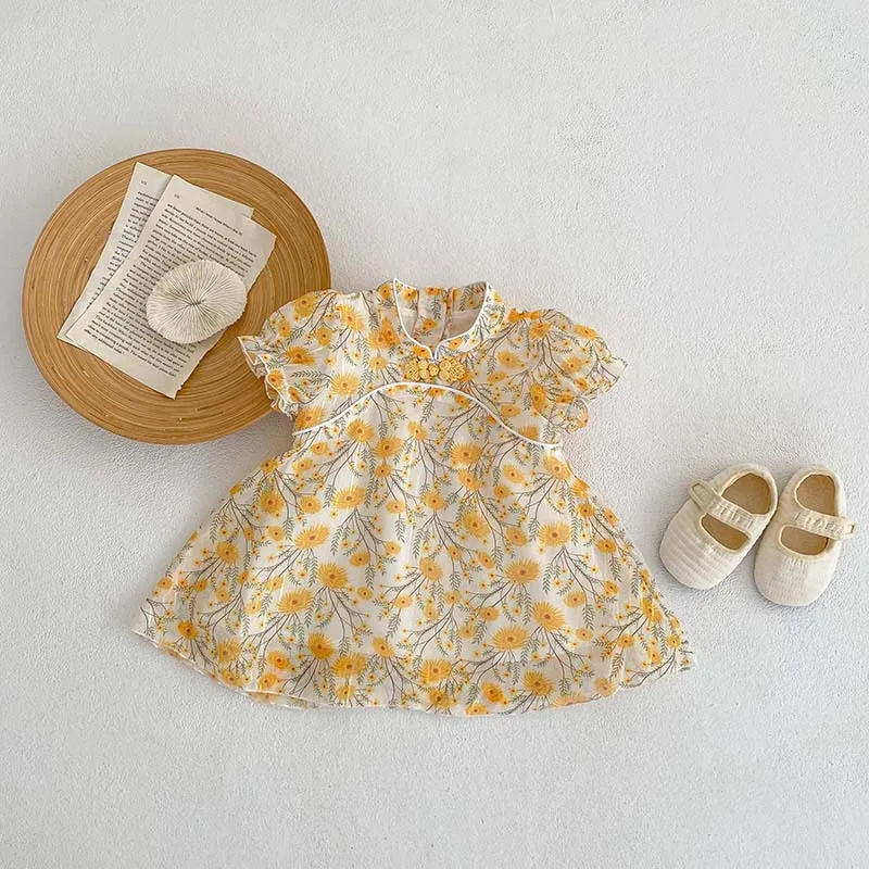 

2023 Summer Baby Dress 0-3Years Newborn Kids Short Sleeve Flower Qipao A-line Tulle One-Pieces Sundress Clothes