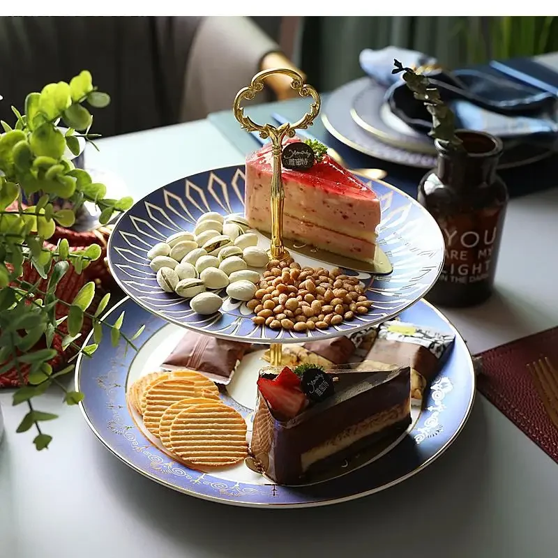 10 Inch Double Layer Ceramic Snack Dessert Fruit Tray Blue Round Household Storage Cake Stand Nordic Tableware