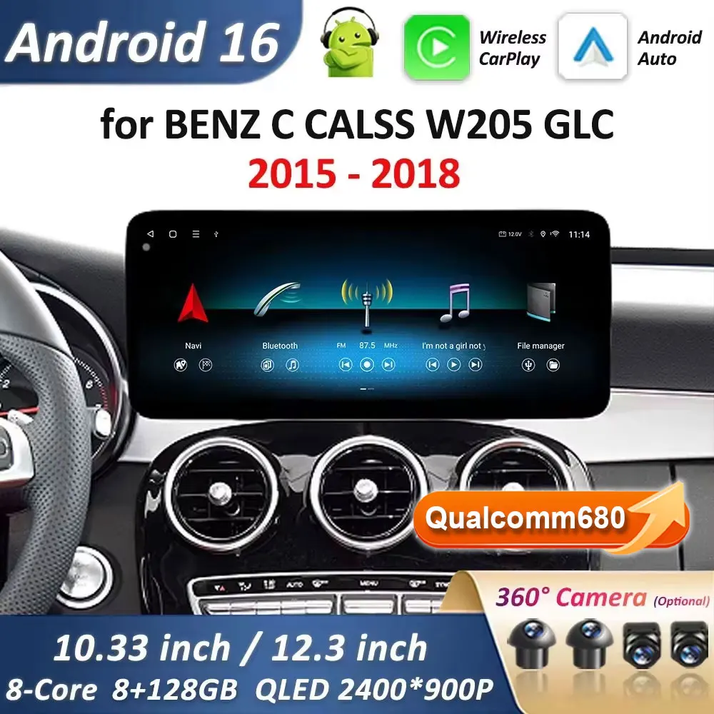 Android 15 Auto für BENZ C CALSS W205 GLC 2015–2018 NTG 5.0 Ultradünner QLED-Bildschirm Autoradio Drahtloses Multimedia CarPlay WIFI