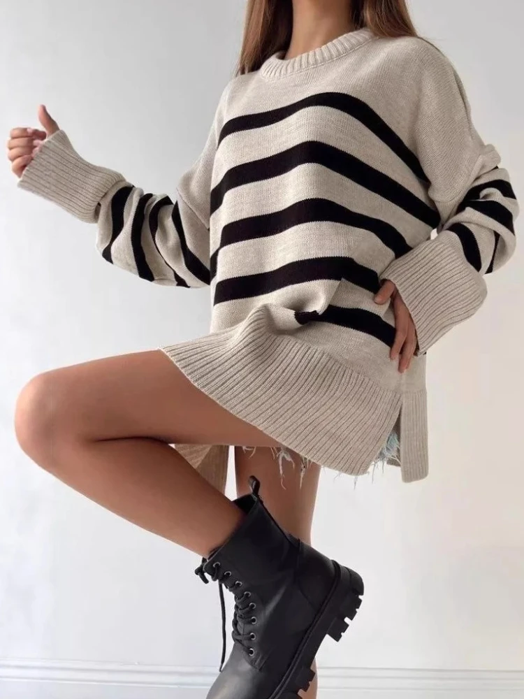 Herfst Winter Nieuwe elegante mode gestreepte trui Top Pullover Ronde hals Middellange losse casual damestrui met lange mouwen