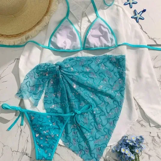 Sexy Sequined Brazilian Bikini 3 Piece Swimsuit Women Side String Swimwear With Wrapped Skirt Bathing Suit Bodysuit Beach Wear