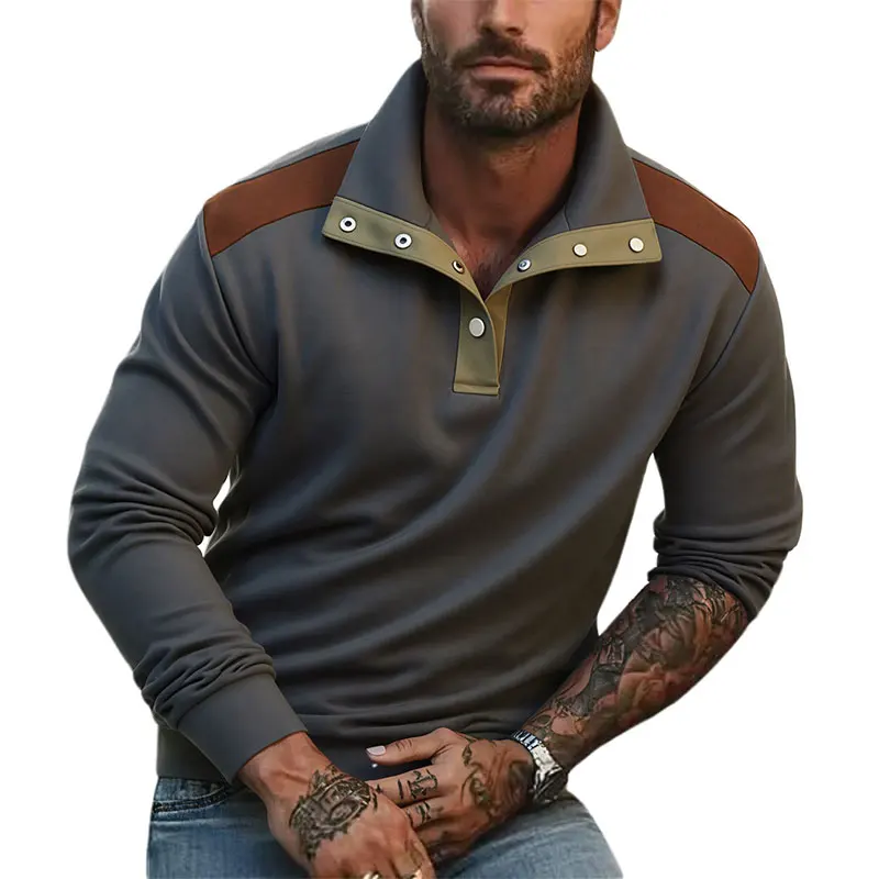 

Весна 2026, модная базовая рубашка поло в европейском стиле, большие размеры, мужская уличная одежда с длинным рукавом и зубчатым воротником, пуловер на пуговицах