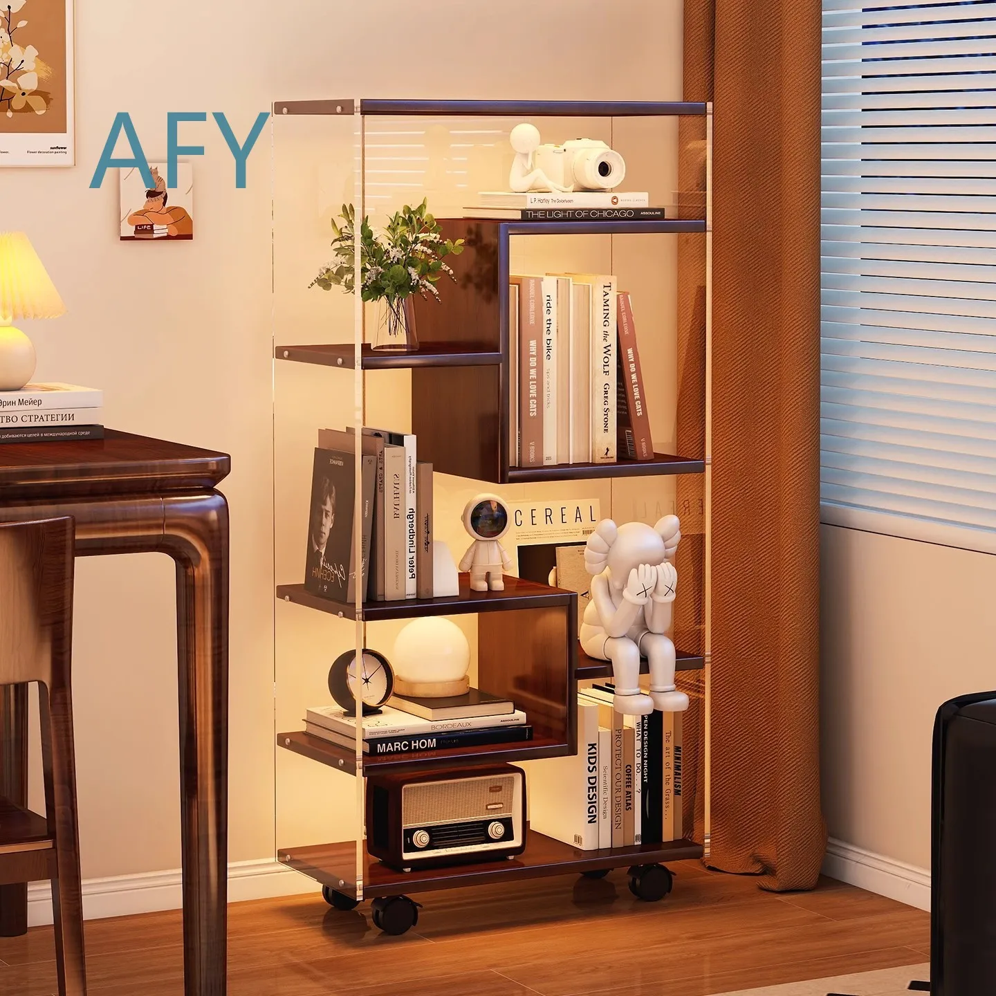 Acrylic Rotating Bookshelf 360 Degree Solid Wood Bookcase for Students Mobile Floor Standing Multi Tier Storage Shelf