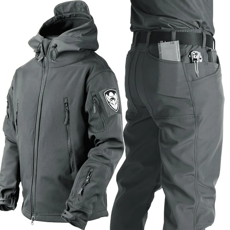 Men Shark Skin Softshell Tactical Suit Fleece Waterproof Windproof Hooded Jacket Pants Hiking Training Outfit M-6XL