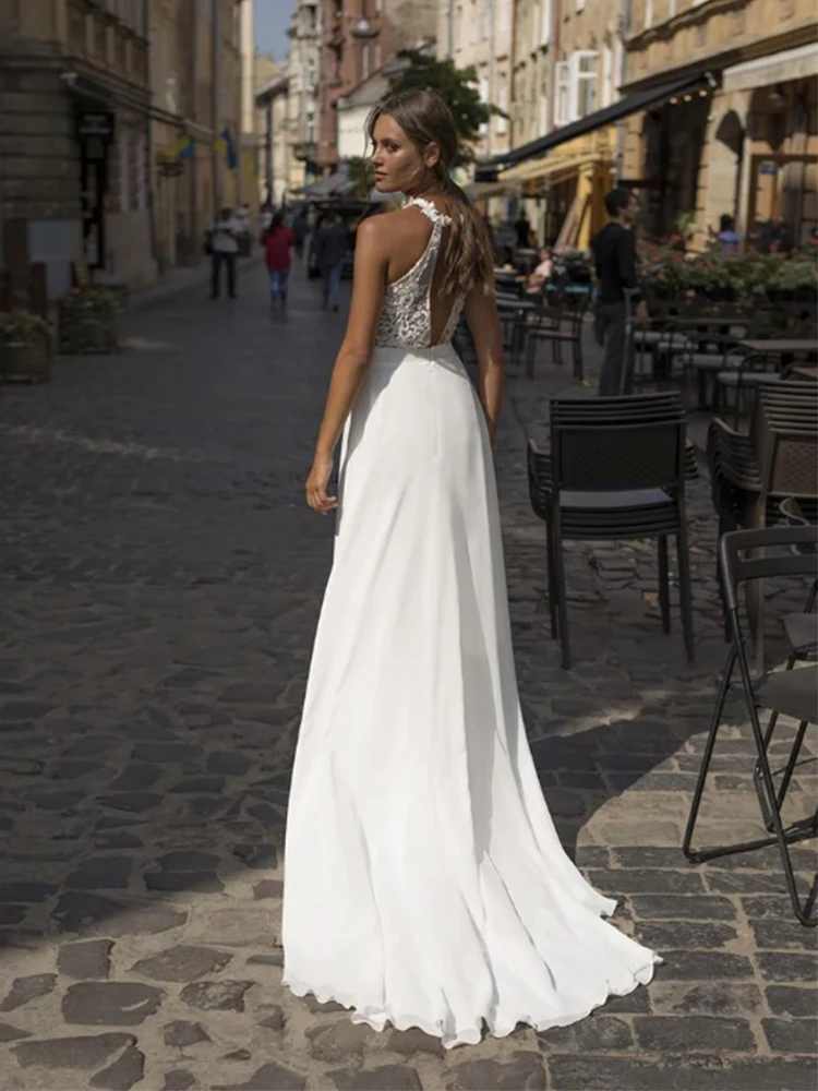 Boho Halter Collar abito da sposa bianco Sexy alta fessura Chiffon Appliques pizzo spiaggia abiti da festa di nozze semplice Vestido De Novia