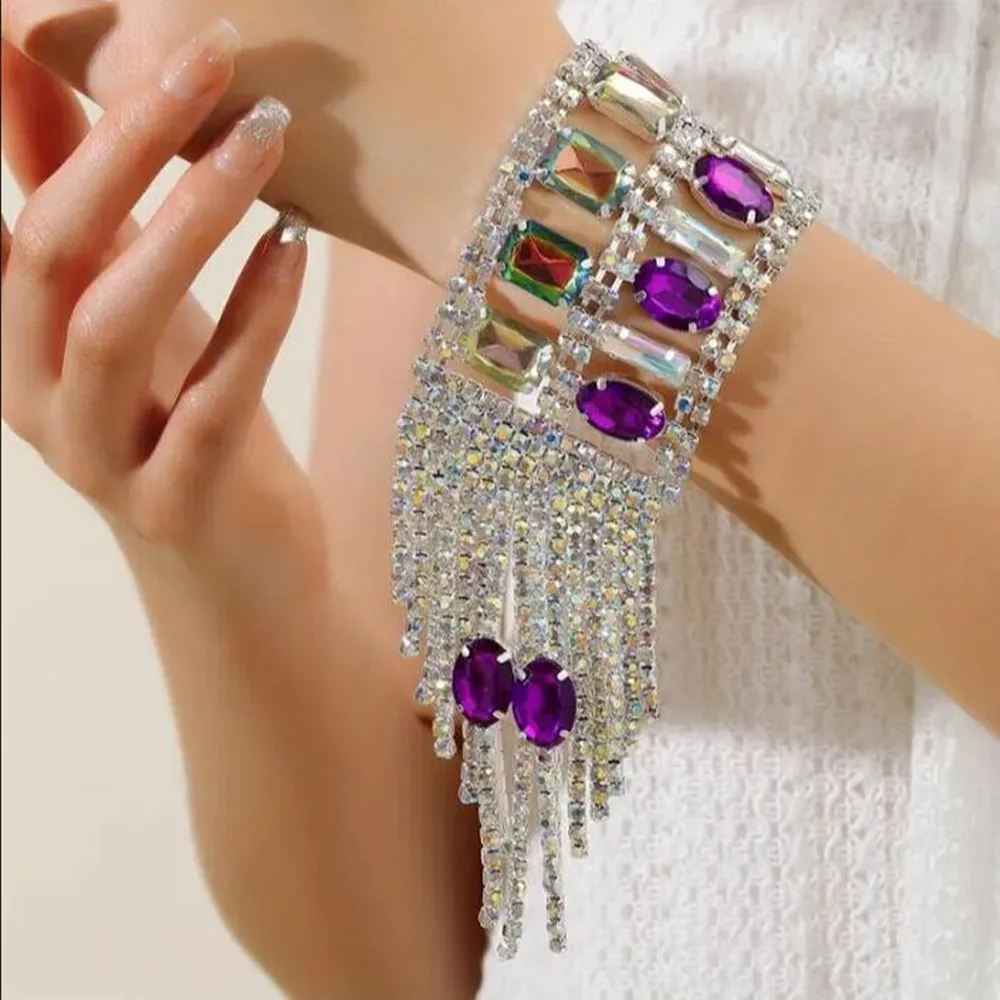 Shiny Crystal Mixed Color Square Oval Tassel Hand Bracelet for Girl Rhinestone Geometric Big Hand Chain Bangle Wristband Jewelry