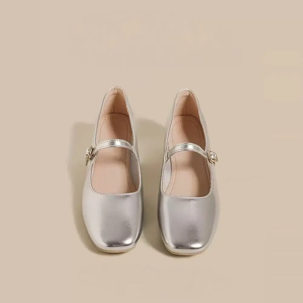 حذاء باليه نسائي مسطح ربيعي من الجلد الناعم بمقدمة مربعة وفم ضحل ومزاج ريترو أنثى ماري جين #2