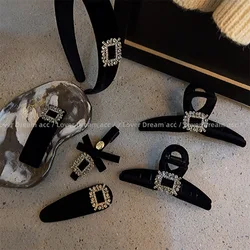 French Style Vintage Square Rhinestone Velvet Hair Claw Trendy Hair Claw Clip Headwear Girls Women Hair Accessories