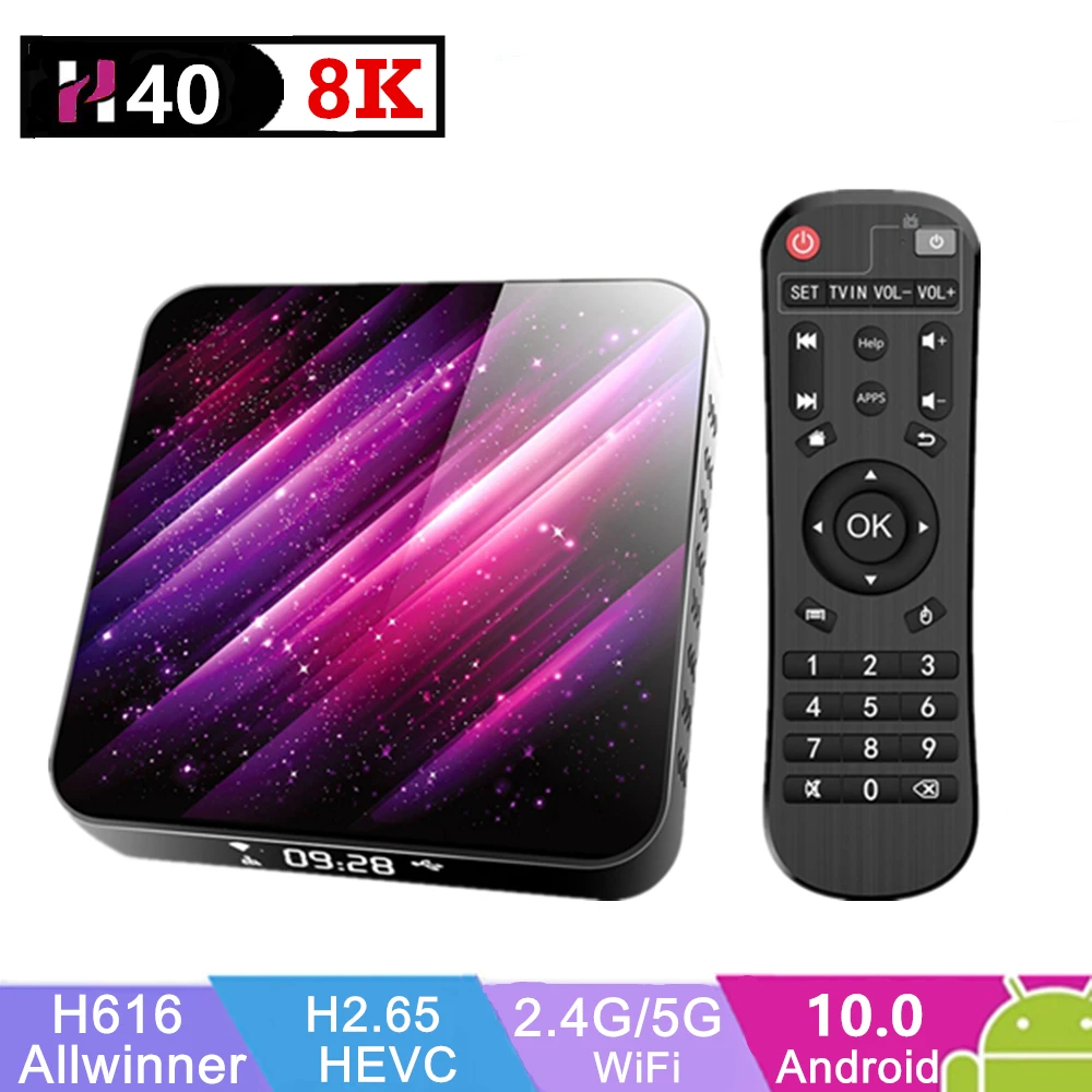 

H40 Android 10.0 Smart TV Box 64GB 8K 4K H616 Media Player 3D Video Game 2.4G/5G Wifi Bluetooth TV Receiver Set Top Box