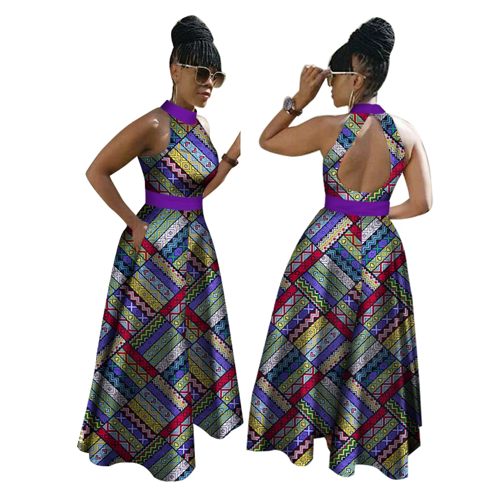

Elegant African Print Dresses for Women Bazin Riche Ankara Lady Sleeveless Party Dress Dashiki African Women Clothes WY2908