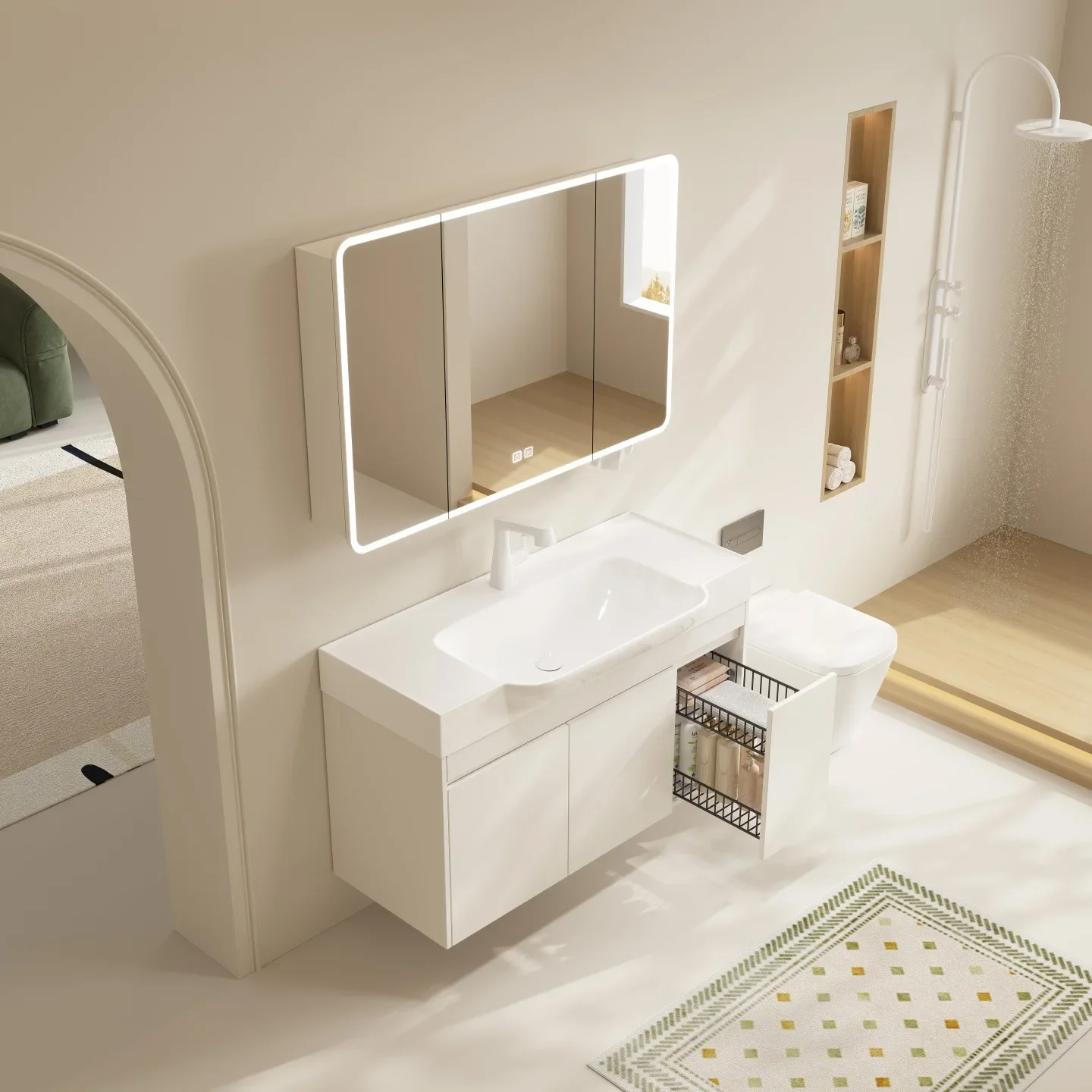 a*-Narrow-sided cream wind ceramic integrated basin, all-aluminum bathroom cabinet bathroom with pull basket wash basin cabinet.
