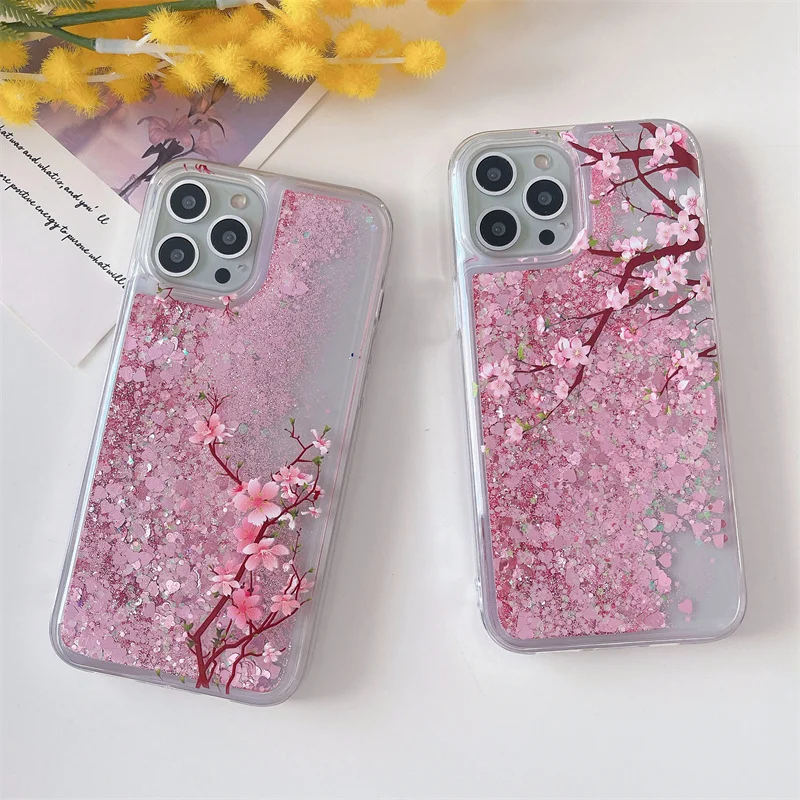 Peach Blossom Glitter Hearts 16 Case Cover for iPhone 15 14/13 Pro Max Quicksand Silicone Soft Shell Moving Sand Liquid Coque