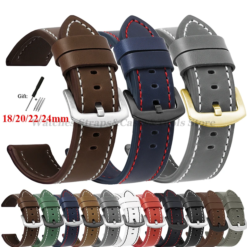 Vintage Leather Watch Band for Omega Strap for Seiko Belt 18mm 20mm 22mm 24mm Wristband Army Sport Men's Bracelet For Smartwatch