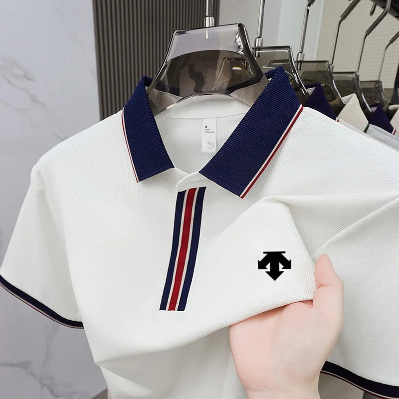 Men's Summer Double Striped Collar Short Sleeve Polo Shirt, 100% Breathable Pique Cotton, Multiple Colors Available
