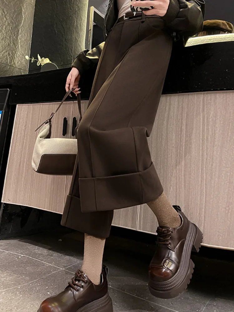 Pantaloni a Gamba Larga in Tweed da Donna, Vita Alta, Nuovi per Autunno e Inverno, Casual con Risvolto, Eleganti e Monocolore