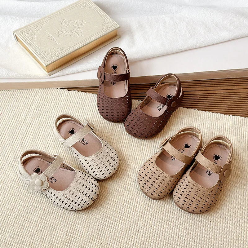 Kids Girls Hollow Breathable Floral Button Mary Jane Flats Magic Tape Strap Anti Slip Soft Sole Summer Princess Walking Shoes