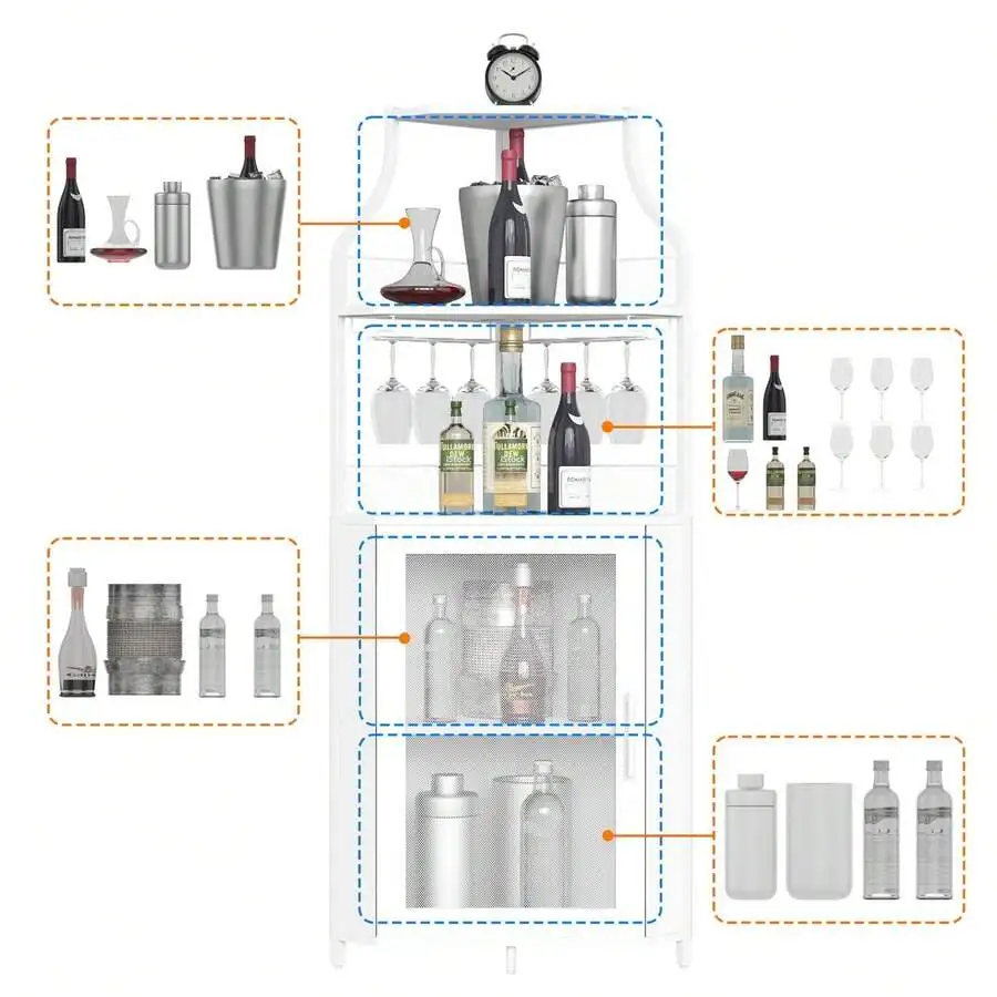 Wine Cabinet Bar With Detachable Wine Rack And Glass Holder,Farmhouse Style Furniture Bar With Mesh Door For Living Room And Kit view 5