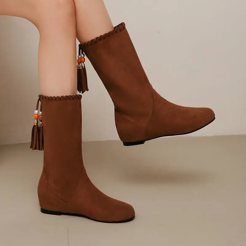 SIMLOVEYO مصمم النساء منتصف العجل الأحذية جولة تو قطيع الجلد المدبوغ الشقق ثنائي ارتداء حجم كبير 46 47 48 الإناث هامش الخريف