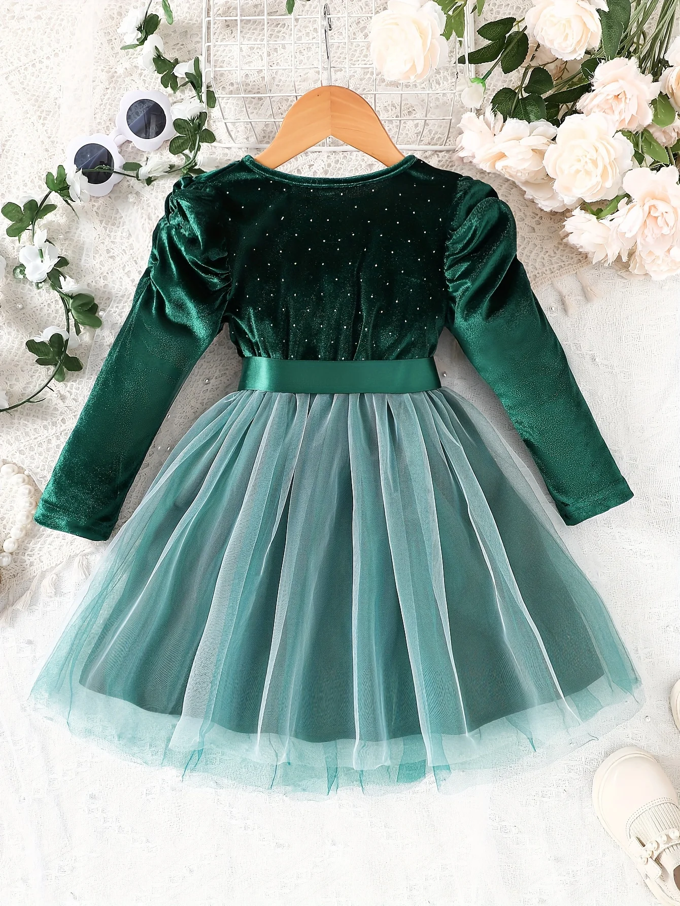 Girls' Knitted Round Neck Long-Sleeved Velvet Mesh Dress Party Dress