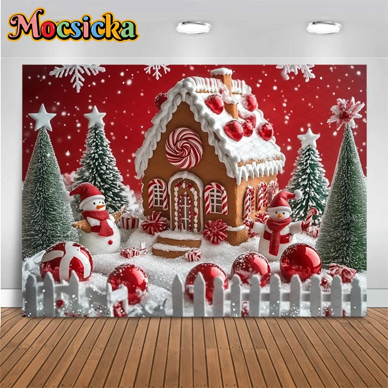 Mocsicka Gingerbread House Christmas Photography Backdrop Snowman Candy Photo Backgrounds Kids New Year Holiday Party Tapestry