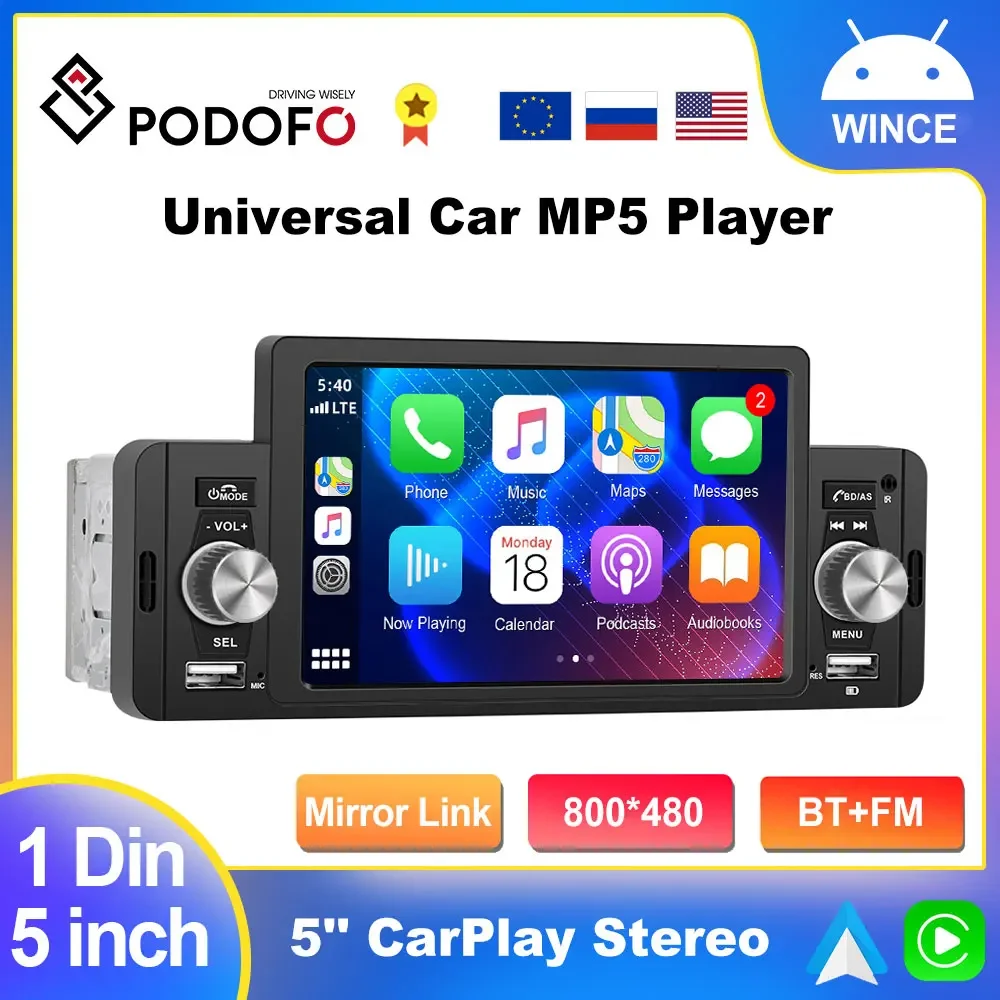 Podofo 1din CarPlay Android Auto Car Radio1 Din MP5 Multimedia Video Player GPS Navigation Stereo For Toyota Nissan VW Peugeot