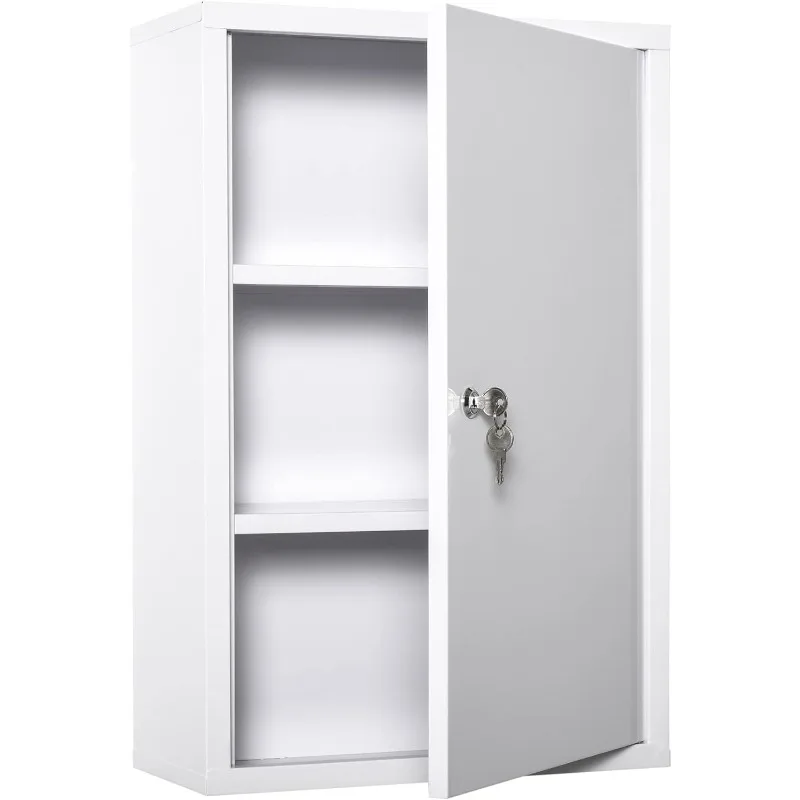 Steel Wall Mount Medicine Cabinet 3 Tier Emergency Box for Bathroom Kitchen, Lockable with 2 Keys, White