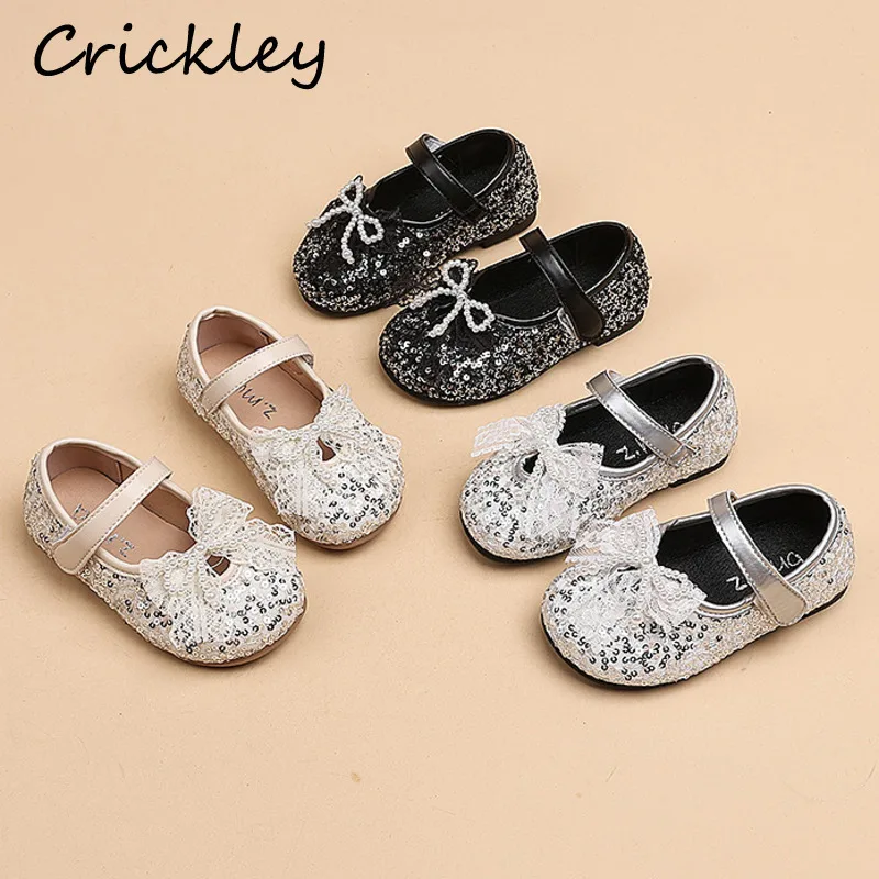 

Lace Pearl Bow Children Flats Shoes Bling Hook Loop Party Shoes For Girls Princess Soft Sole PU Kids Princess Shoes