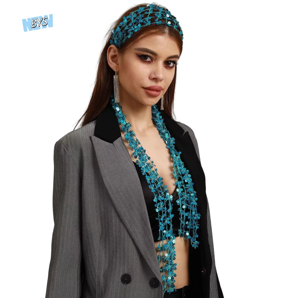 

Fashion Shiny Sequin Scarf Flower Shape Hollow Waist Chain Multicolor Long Belly Dancing Scarf Women