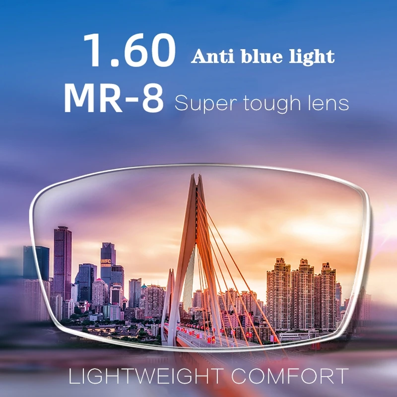 YURERSH 1.60 Index Glasses Super Tough MR-8 Lenses Hardness Anti Blue Light Lens Thin Myopia Prescription Half Frame/No Frame