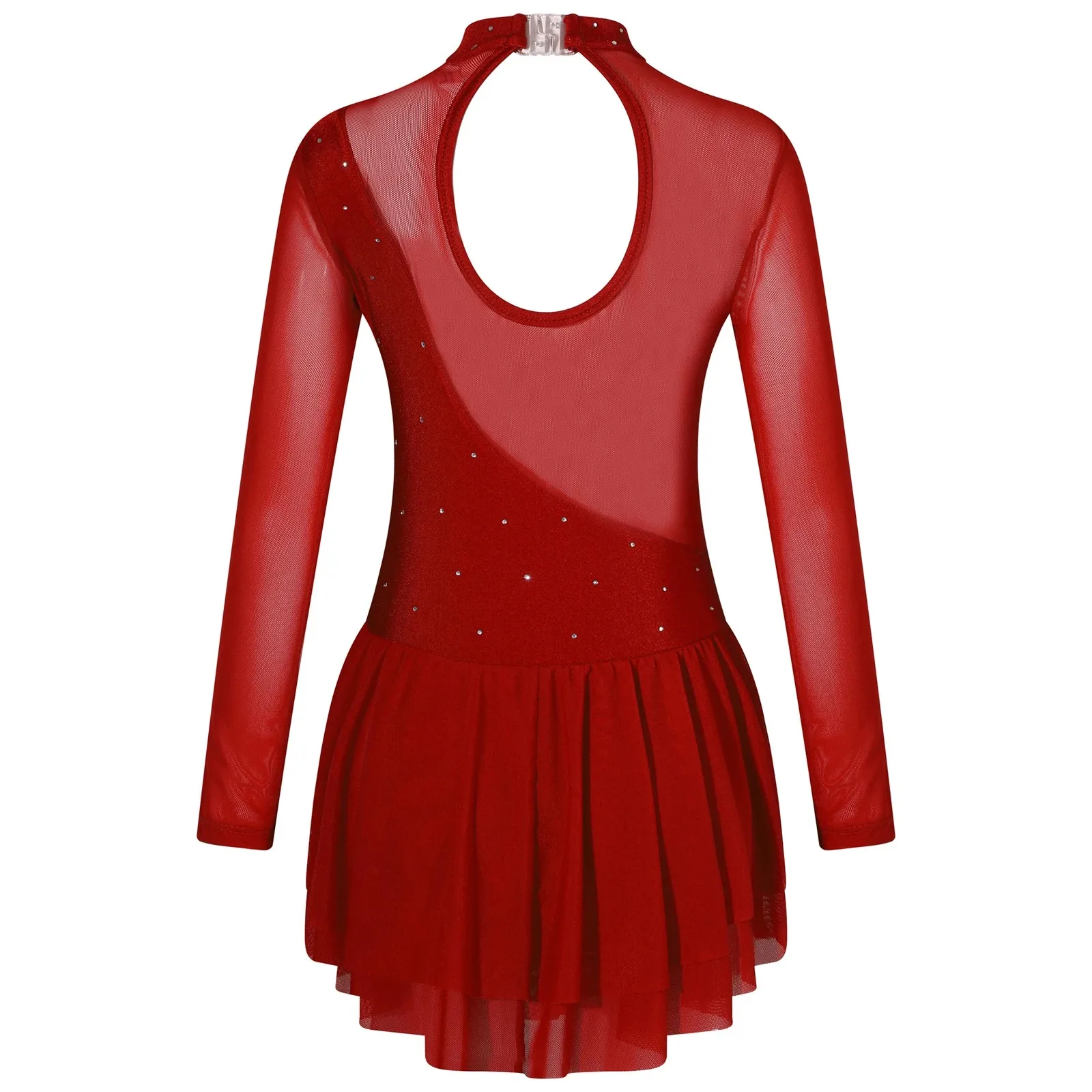 Shiny Rhinestone Figure Skating Dance Dress for Kids Girls Ballerina Tutu Dance Clothes Long Sleeve Round Neckline Ballet Outfit