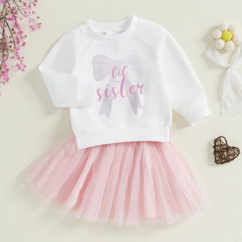 

6 Months to 4 Years Little Girls Skirts Sets Autumn Clothes Long Sleeve Letter Bow Print Sweatshirt Puffy Gauze Skirt