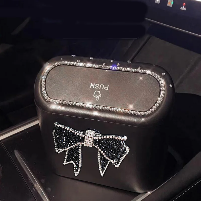 Cute Big Diamond Bowknot Car Trash Bin Hanging Vehicle Garbage Dust Case Storage Box Pressing Type Trash Can Auto Accessories