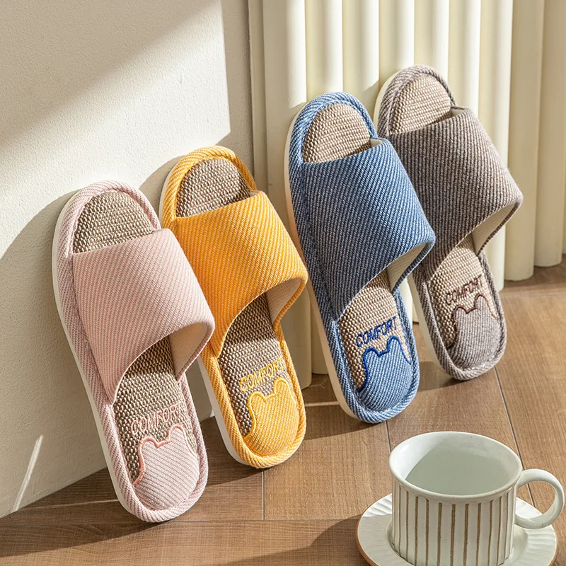 2025 New Home Linen Slippers Women Indoor Soft Open Toe Slides Men Floor Bedroom Breathable Non-slip Sandals Couples Flip Flops