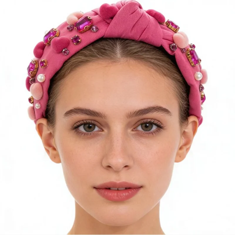 New Baroque Valentine's Day Headband Handmade Sewn Glass Diamonds Love Hairbands Wide Edge Hair Accessories for Women