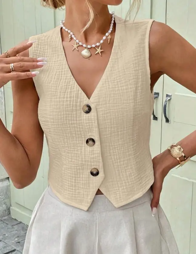 

Women's Vest Summer New Style French Elegant Temperament Fashion Style V-Neck Simple Button Front Slim Fit Sleeveless Vest