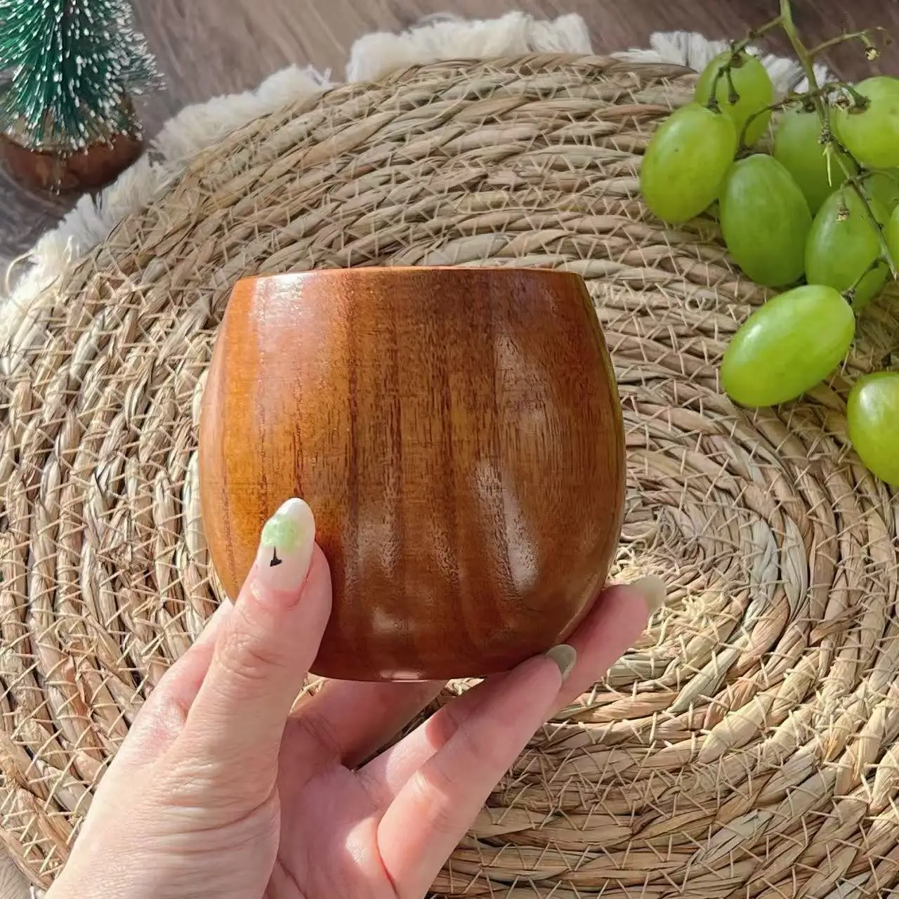 Japanese Style Solid Wood Vintage Wide Belly Cup Food Grade One Piece Wine Tea Coffee Milk Wooden Drinking Mug For Home Kitchen