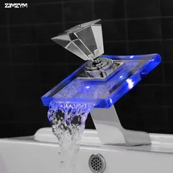 Hot and cold water copper crystal Glass Waterfall Basin Faucet LED Color Changing Bathroom Battery Mixer Tap Chrome Finish