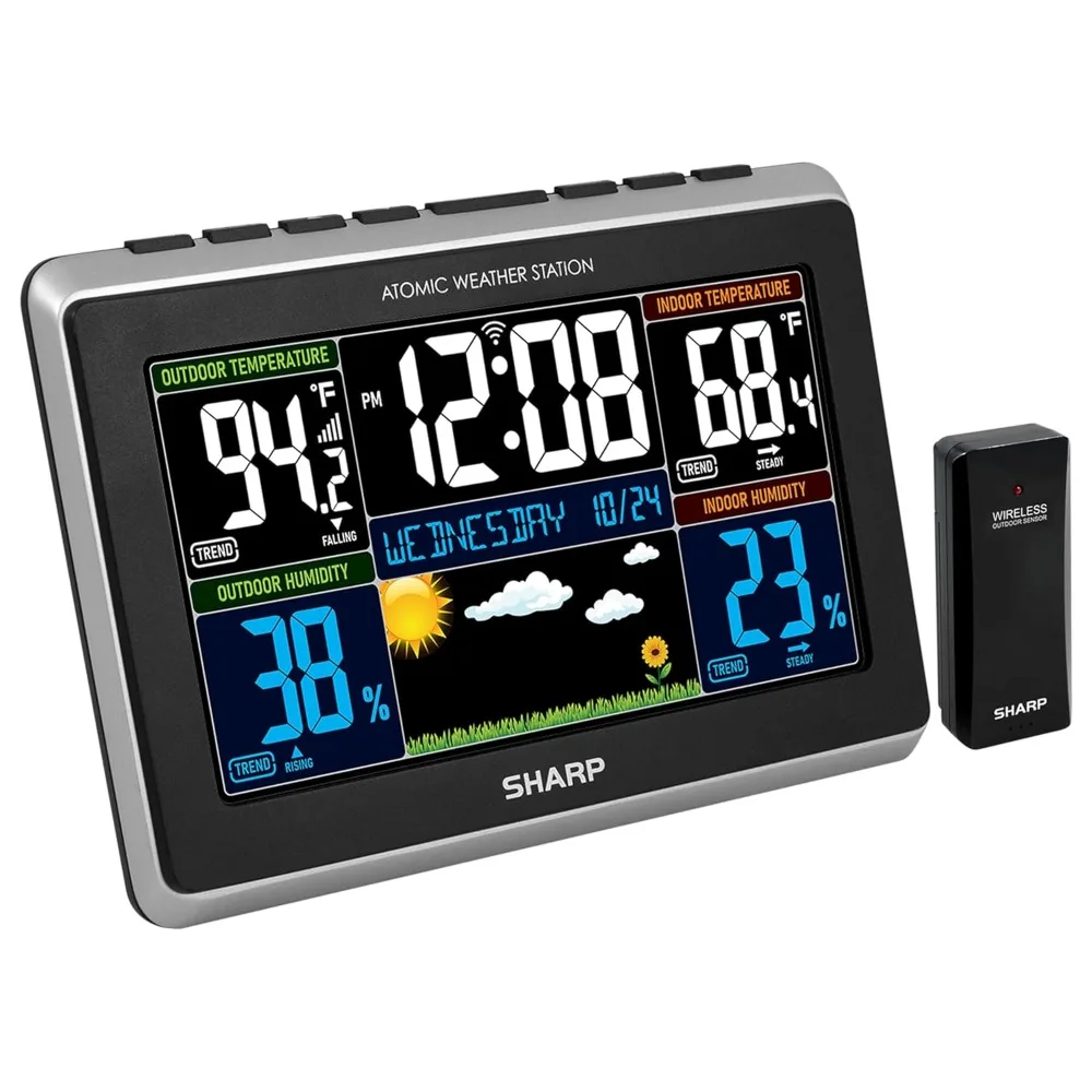 XMSJ  with Easy To Read Color Display - Wireless Indoor Outdoor Thermometer and Humidity, Atomic Clock, Alarm and Calendar