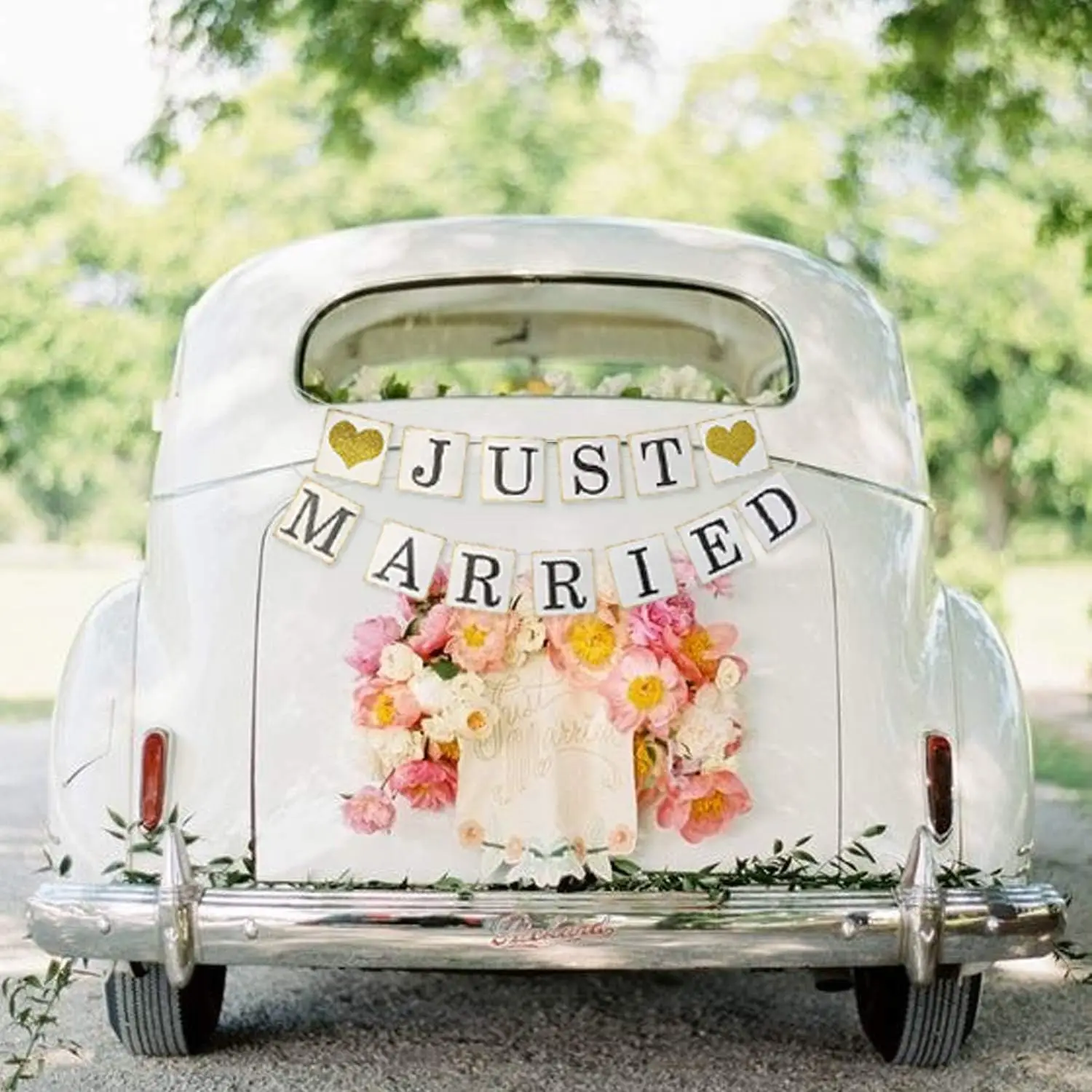 JUST Married Banner Autodekorationen, Goldglitter Just Married Sign Garland für Brautdekorationen, Foto-Requisiten-Dekorationen – Detail 2