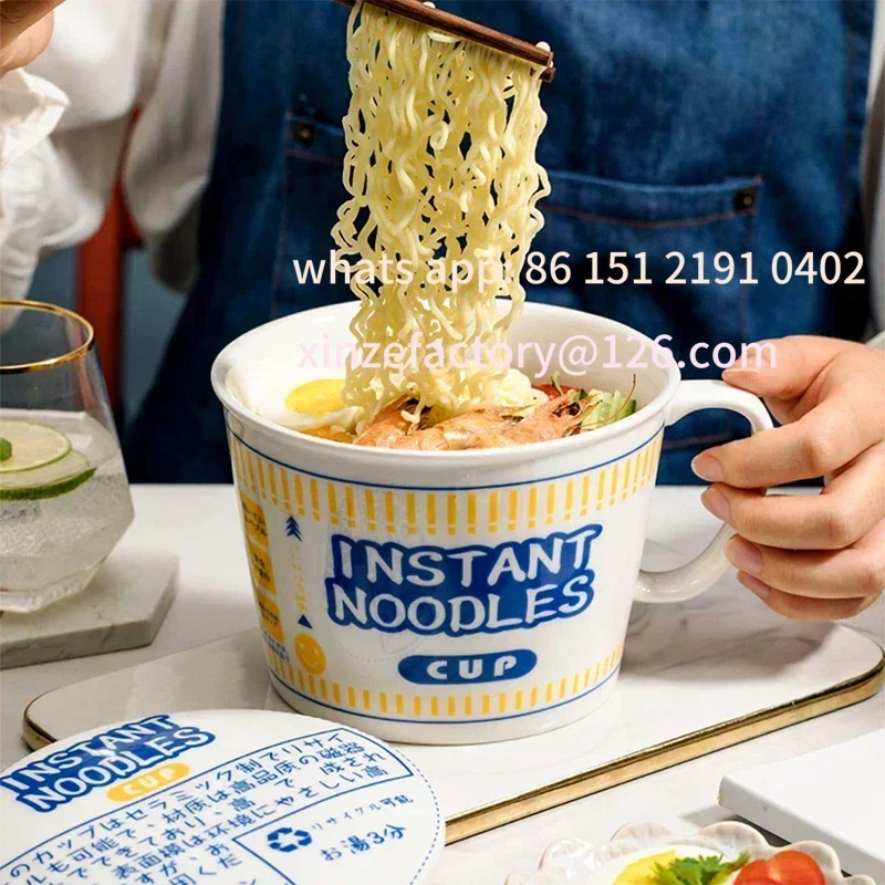 Customizable Hot Sale Ceramic Instant Noodle Bowl With Handle Large Capacity instant bowl Cute Design instant noodles Bo