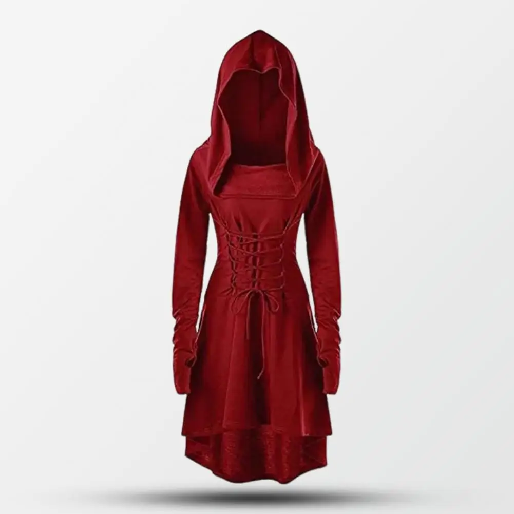 فستان حريري الحليب للنساء مع قلنسوة وأكمام طويلة وحزام برباط وخصر نحيف وحاشية غير منتظمة فستان ميدي للنساء فستان حفلات الهالوين