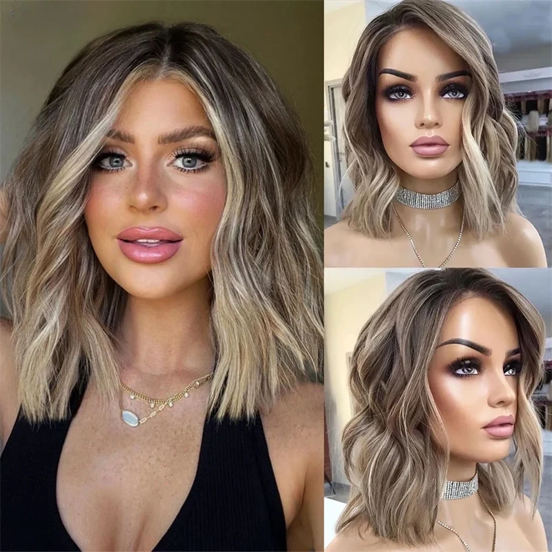 Perruque Synthétique Sans Colle à Mèches Blondes Ombré pour Femme, Cheveux Pré-Plumés