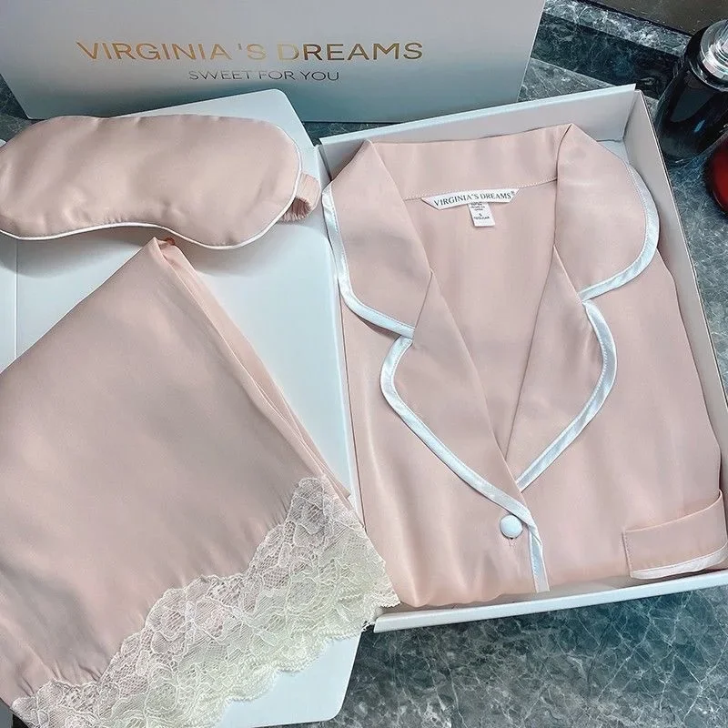 Spring Autumn Girls Casual 2/pce Set Silk Pajamas Women Solid Color Long Sleeves Pants Loungewear Lady Fashion Simple Sleepwear