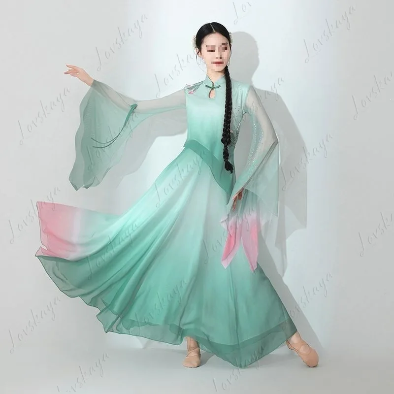 Flowy Gradient Classical Dance Dress Elegant Ancient Style for Fan Umbrella Dance Exam Stage Performance