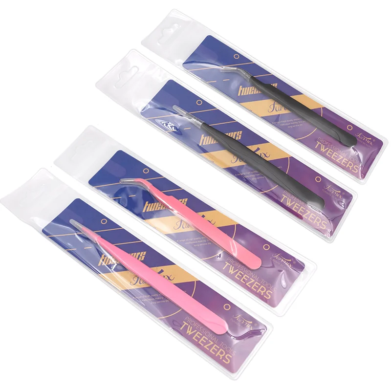 FUNMIX pink or black  Stainless Steel Curved Straight Eyebrow Tweezers high Quality Fan Tweezer