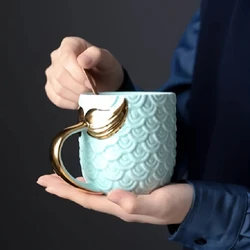 Creative 400ML Golden Mermaid Tail Ceramic Cup with Handle Creative Tea Coffee Milk Personality Mug Fishtail Cup Exquisite Gift