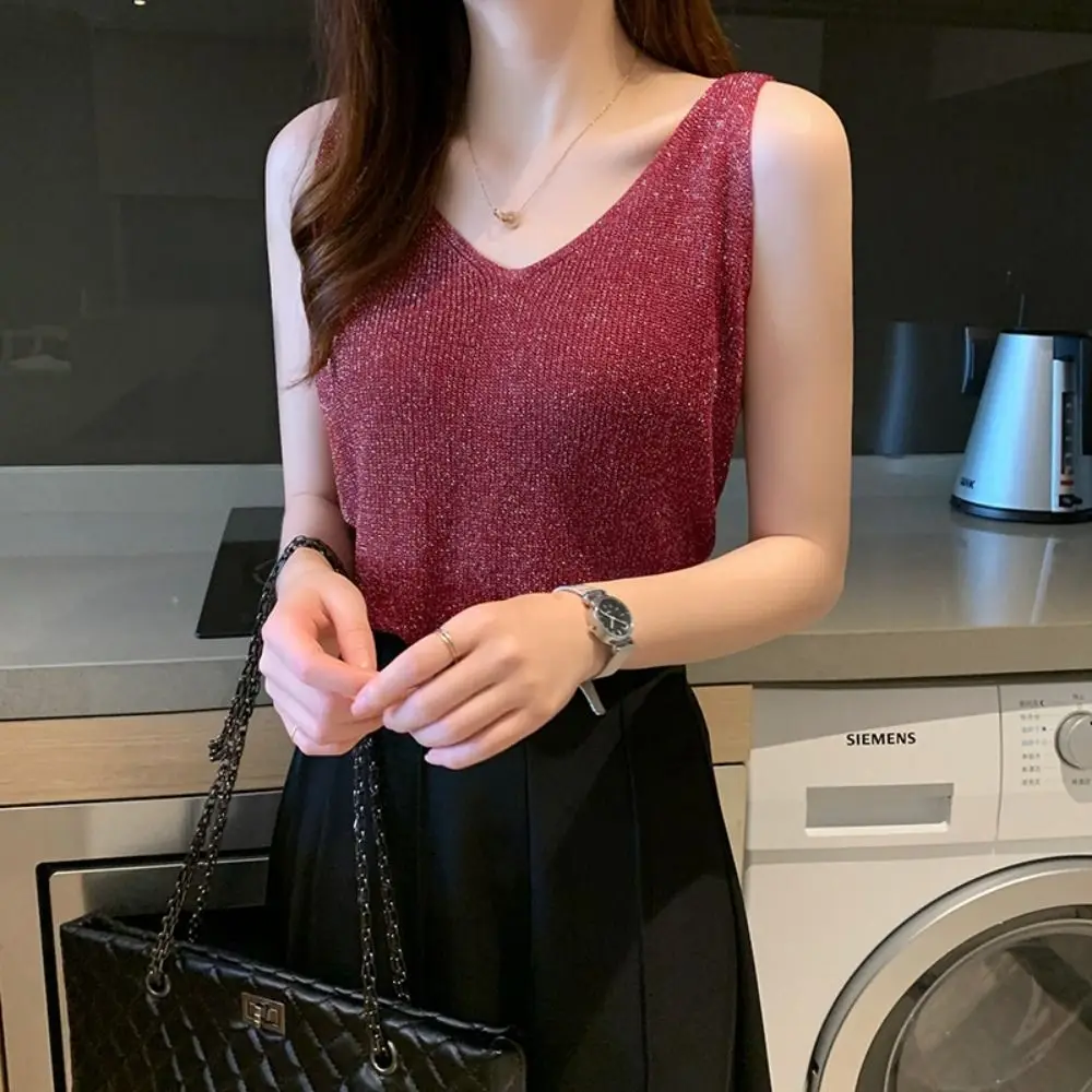 Anti-light Casual Women Tank Tops Knitted Sequin Ladies Vest Silk Satin Elegant Suspender Tank Shirts Spring Summer