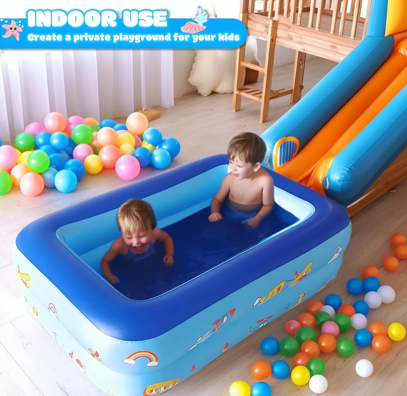 키즈 볼풀, 113cm PVC 풍선 수영장 만화 패턴 물놀이 풀 여름 야외 실내용, 블루